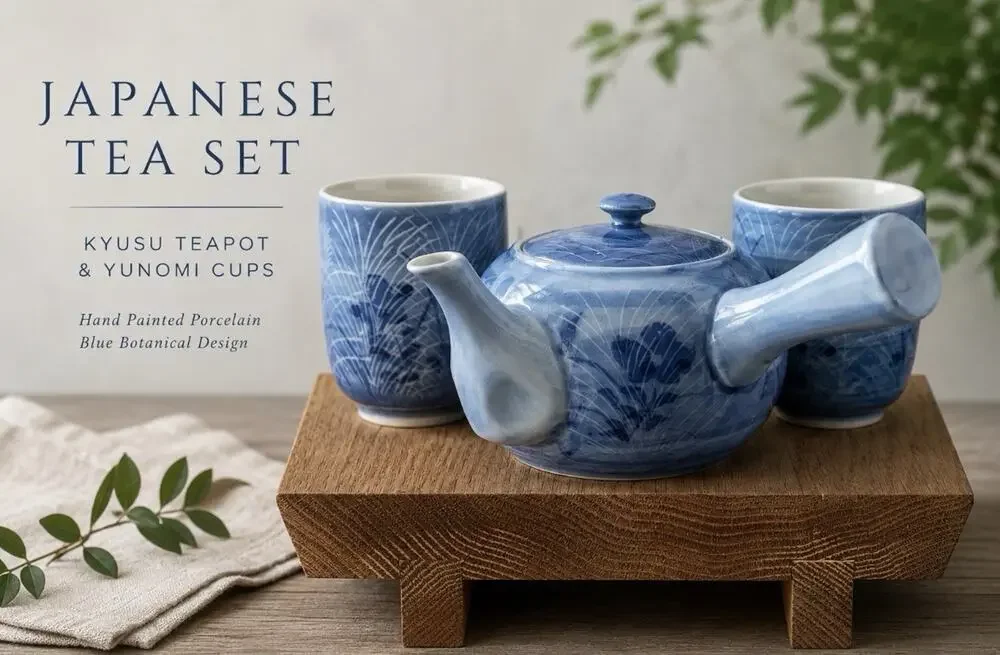 Vtg Japanese Kyusu Tea Set Blue hand painted Botanical Prcln Yokode Teapot Cups